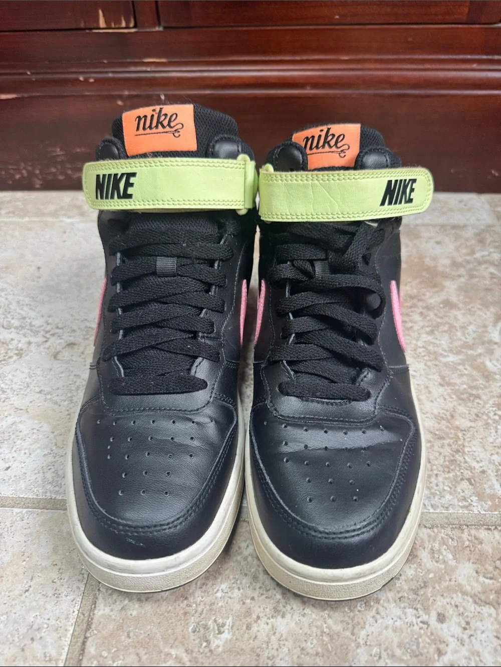 Nike Kids Black High-Top Sneakers with Pink Swoosh and Lime Strap